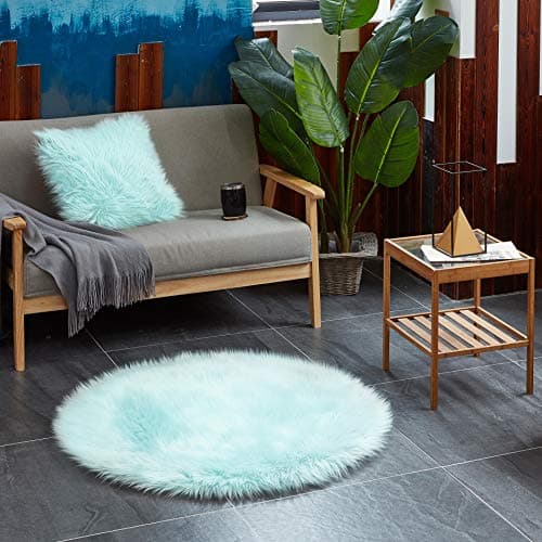 Teppich Wölkchen Tapis en Fausse Fourrure d'agneau et Peau de Mouton - Carpette Moelleuse pour Chambre à Coucher, Salon, Crèche - Jet de Divan de Décoration Chaise - Vert Menthe - 90cm - Rond
