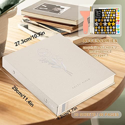 Lanpn Album Photo Autoadhesif Scrapbooking, Album Photo Adhesif Magnétique en Lin avec stylos et Autocollants pour 10x15 13x18 cm A5 (Petites-20 feuilles/40 Pages, Beige)