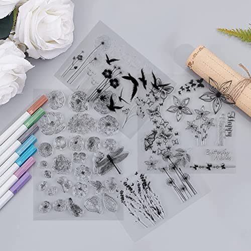 Tampons Scrapbooking Transparent Tampon Clear Oiseaux Fleur Tampon Silicone Transparents Personnalisé Stamp Tampons Scrapbooking Animaux pour Bullet Journal Album Agenda Décoration (4 Pièces)