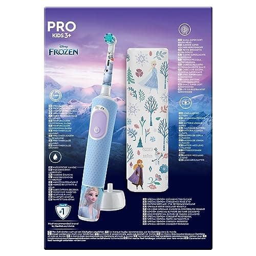 Oral-B Pro Kids Brosse à Dents Électrique Enfant, Reine des Neiges Disney, 1 Brossette Brossage Doux, 1 Étui Voyage, Minuteur et Vibrations, Batterie Rechargeable, 4 Stickers, 3 Ans et Plus