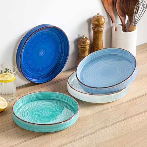 vancasso Série BONITA Lot de 4 Bols à Pâtes en Grès, Assiettes Creuses 1000ml, Assiettes à Pates, Grands Saladiers pour Lave-vaisselle et Micro-ondes, Bleu