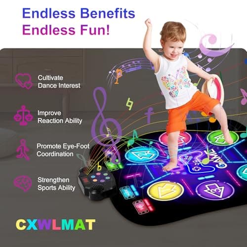 CXWLMAT 2024 Amélioré Rechargeable Enfants Tapis de Danse pour 3 4 5 6 7 8+ Ans, Lumière Filles Tapis Danse avec Batterie de Grande Capacité, Musique Bluetooth Dance Mat Jouets pour Cadeaux de Noël