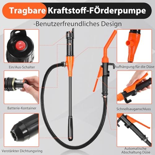 Pompe à essence électrique à piles - Pompe à siphon - Pompe à batterie - Pompe à bidon - Pompe d'aspiration automatique pour essence (orange)
