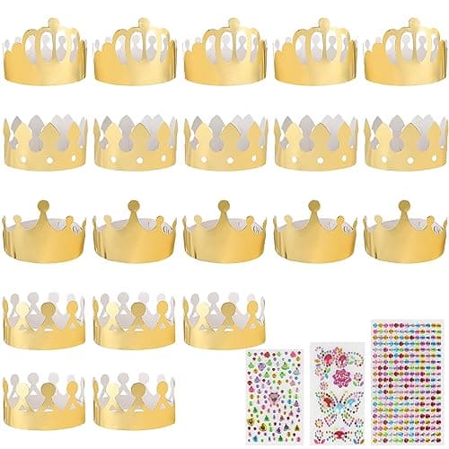 Fyihoxi Lot de 20 couronnes en papier dorées - Pour enfants et adultes - Pour bricolage - Avec pierres précieuses autocollantes et autocollants - Pour enfants et adultes