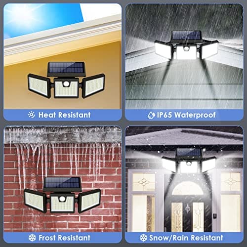 Lampes Solaires Extérieur à Détecteur de Mouvement, 3500LM 341LED Lumières Solaires avec 3 Têtes Réglables, 270° éclairage Grand Angle IP65 Projecteur Solaire éclairage Mural d'extérieur - 2 Pack