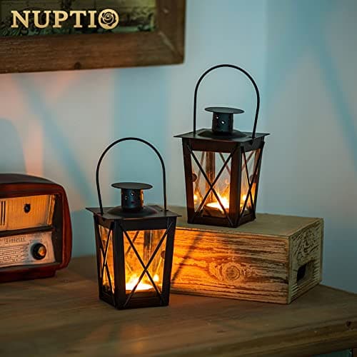 Lanterne en Verre À Terre/Suspendue, Lanterne en Verre Portable, Bougie Chauffe-Plat Petite Lanterne Rétro De Fer, Suspension De Décoration D’Intérieur/Cour (Noir, 4 Pcs)
