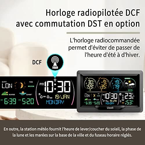 Uzoli Station météo sans fil avec 3 capteur Horloge numérique Thermomètre Hygromètre intérieur extérieur Prévisions météo Pression Lever Coucher du soleil Phase lunaire Risque de moisissure - EM3390
