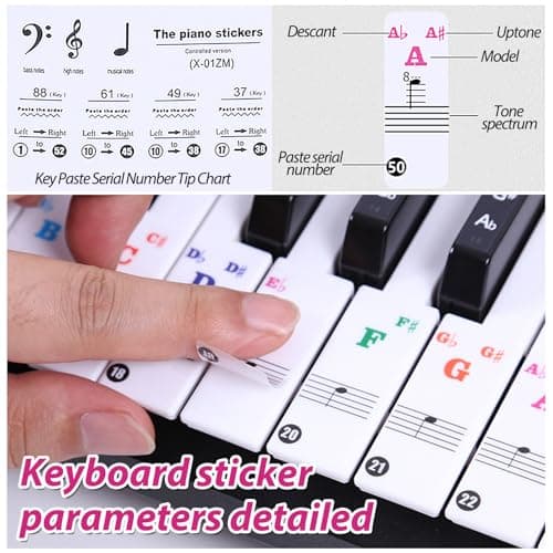 XPOOP Autocollants de Piano Autocollants de Piano ou de Clavier Colorés pour Claviers 88/61/49/37 Amovibles Autocollants de Clavier de Piano Touches Note Autocollant pour Touches Noires et Blanches