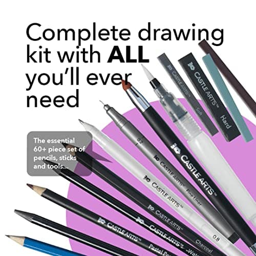 Castle Art Supplies Set 60 pièces Dessin et Croquis | Crayons, Bâtons Graphites, Fusains, Pastels et Solubles à l’Eau, Feutres Fins | Pour Professionnels et Artistes Adultes | Étui de Transport Zippé