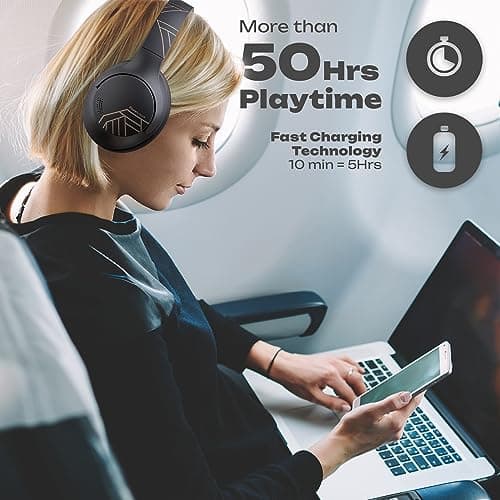 PowerLocus Casque Bluetooth sans Fil, 50 h de Jeu, Casque Audio Bluetooth 5.3 avec 4 Modes EQ, Pliable, HiFi Stereo, avec Microphone pour iPhone/Voyage/PC (Noir)