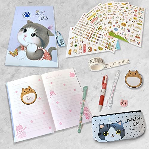 N NUEVAS IDEAS Journal secret fille avec code - Set papeterie fille - Mignon chaton - Papeterie mignonne - Papeterie Kawaii - Journal secret fille - Cadeau fille - Nombreux accessoires (VIOLET)