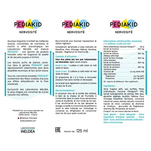 PEDIAKID - Sirop Nervosité -Complément Alimentaire Naturel - Formule Exclusive au Sirop d'Agave - Favorise l'Apaisement - Réduit l'Agitation - Arôme Naturel Cassis - Flacon de 125 ml