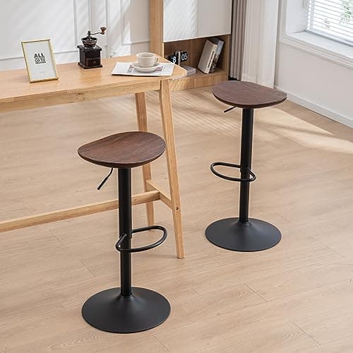 Kidol & Shellder Tabouret de Bar Bois Massif Métal Chaise de Comptoir sans Dossier Rotation 360° Comptoir de Cuisine Hauteur Réglable Noyer Set de 2 Pièces...