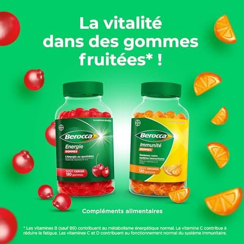 Berocca® Immunité gommes - Multivitamines Complément alimentaire - 8 vitamines et minéraux - Dont vitamine C, D et Zinc - Soutient l'immunité au quotidien - Goût orange 120 gommes