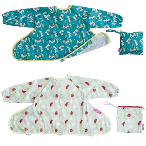 Tidy Tot®TM Cover & CatchTM Pack Duo. 2 Bavoir Manches Longues pour Bébé. Se Fixe sur les Chaises Hautes. Tablier Imperméable pour L'alimentation des Bébés. Bavoirs DME. Sac de Voyage Inclus.