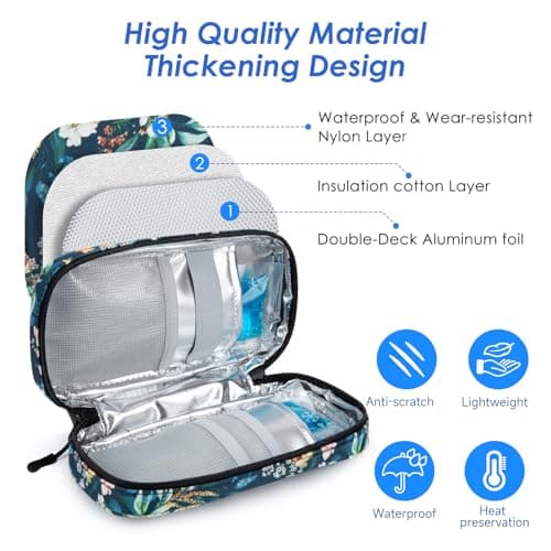 YOUSHARES Trousse Isotherme Insuline avec 2 Poche Glacière Insuline, Pochette Isotherme Insuline, Sac Isotherme Insuline Voyage pour Insuline Stylo, Injection, Seringue, Camellia Oleifera à Fond Bleu
