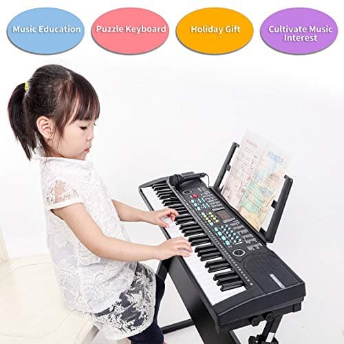 Hricane Clavier électronique 61 touches pour enfants, l'instrument de piano électronique portable pour débutant avec microphone, pupitre, autocollant (noir)