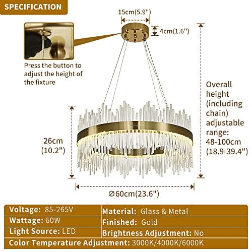 Chandelier en cristal d’or moderne pendentif Light, Dimmable lampe ronde en cristal de luxe, pour le salon, la salle à manger, la chambre, le Restaurant, Ø60 cm