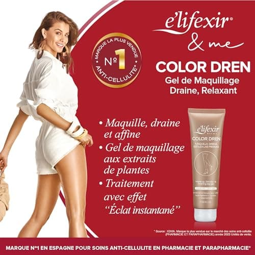 E'LIFEXIR Color Dren | Maquillage pour Jambes, Maquille, Draine et Stylise avec Couleur Bronzée | Crème Effet Collants Invisibles | Ne Tâche Pas et Absorption Rapide, 150 ml