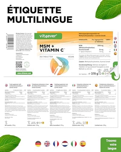 MSM 2000mg - 365 Comprimés - Avec Vitamine C Naturelle d'Acérola - Sans Additifs - 6 mois d'approvisionnement - Hautement Dosé - Vegan