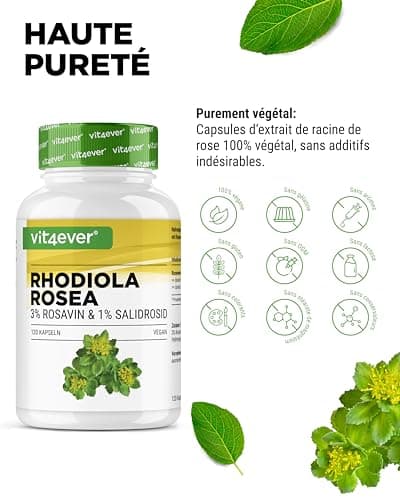 Rhodiola Rosea -120 gélules de 500 mg - Véritable Extrait -Matière première de qualité supérieure: 3% de rosavine & 1% de salidroside -100% d'extrait de racine de rose musquée - Hautement dosé - Vegan