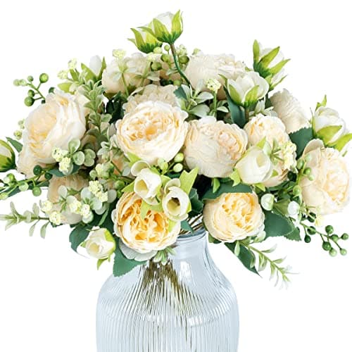 Hobyhoon Lot de 4 Bouquets de pivoines artificielles pour décoration de Vase, Mariage, décoration d'intérieur (Beige)