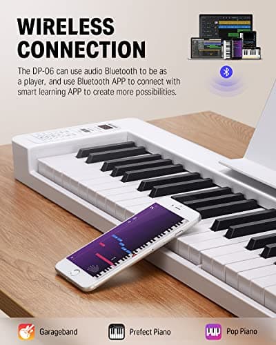Donner DP-06 Piano à Clavier Pliable Pour Débutants, Clavier de Piano Portable 61 Touches, Clavier de Piano Électrique Numérique avec Bluetooth, Blanc