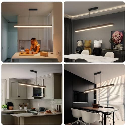 Klighten Led Lampe à suspension Table à Manger, Moderne Luminaire Suspensio, Dimmable 3000K-6000K Avec Télécommande, Plafonniers Linéaire Hauteur 150Cm Réglable, Pour Cuisine Salon, 100/36W, Noir