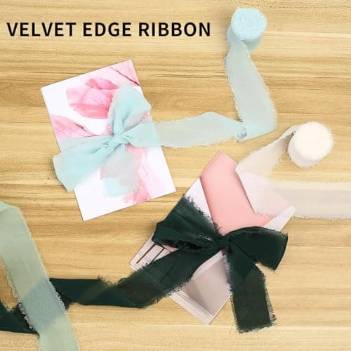 4 Rouleaux Ruban en Mousseline de Soie, 4 cm x 5 m Ruban de Soie Mousseline, Ruban Cadeau à Franges pour Décoration de Mariage Bouquet, Total 20 m, Abricot/Vert Clair/Vert Foncé/Bleu
