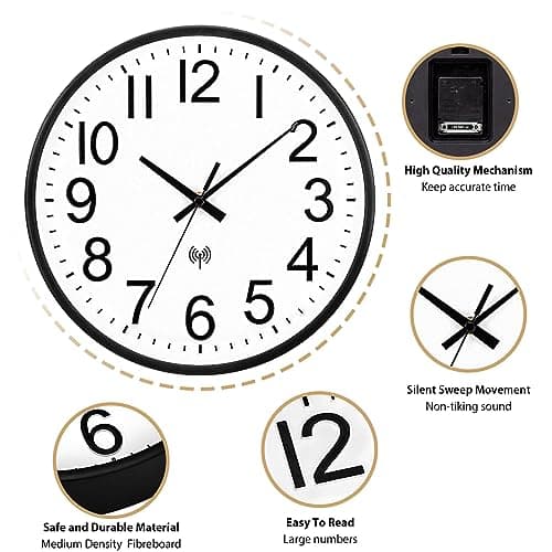 NESIFEE Horloge Radio Pilotée 30 cm Pendules Murales Silencieuse Horloge Murale Design Moderne pour Cuisine, Bureau, Salon, Décoration Mural avec Panneau Blanc & Cadre Noir