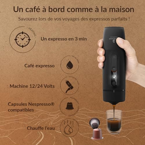 HANDPRESSO Auto Set Capsule - Cafetiere 12V ou 24V | Coffret avec Machine a cafe portable voiture ou camion pour capsules expresso NS avec valisette et tasses.