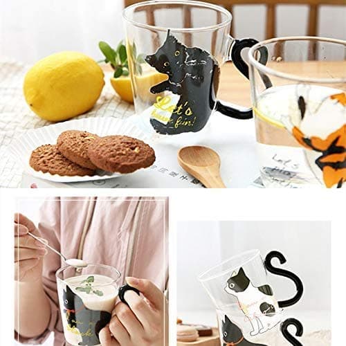 250ml Tasse en Verre Mug de Lait Chat Mignon Verre à Eau Transparent 3D avec Poignée Tasse Mug à Café Résistant à la Chaleur Micro-ondes Cup Coupe à Thé Chocolat Boisson pour Adultes Enfants (Noir)