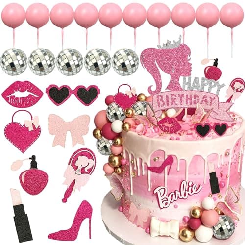 JeVenis birthday décoration de gâteau d'anniversaire de fille rose vif décoration d'anniversaire de fille rose boules roses feuilles de palmier talons lipstick sacs cake topper