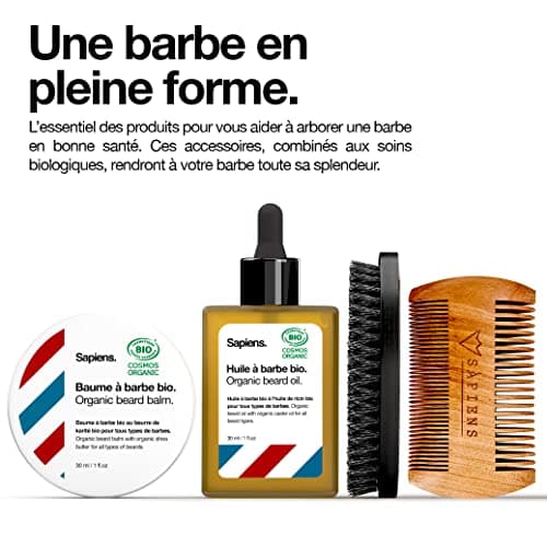 Kit de Rasage et Soins Barbe Bio Sapiens - Coffret Barbe Homme avec Soins barbe Made in France - Gel à raser, Huile Barbe Bio, Baume Barbe Bio, Rasoir Coupe Choux, Accessoires, Trousse de Toilette