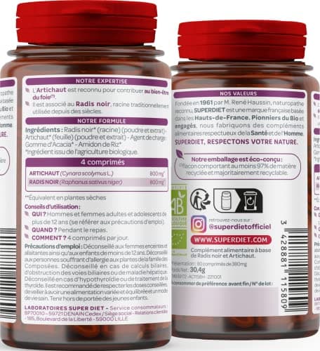 SUPERDIET - RADIS NOIR ARTICHAUT BIO – Bien-être du foie – Phytothérapie – Fabrication française – 80 comprimés