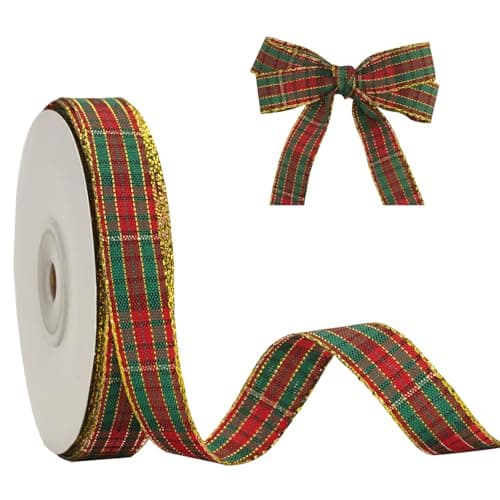 G2PLUS 25 Yards Ruban de Noël 15mm Ruban à Carreaux Rouge et Vert avec Bord Doré Ruban Décoratif pour Emballage Cadeau,Artisanat Décoration D'arbre de Noël