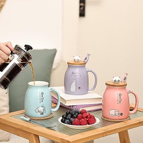 DONGSHANGIFT Set de 2 Tasse à thé et café en forme de chat en céramique avec couvercle Kawaii Mugs mignons pour femmes 500ml Noël Anniversaire cadeau (Bleu et rose)