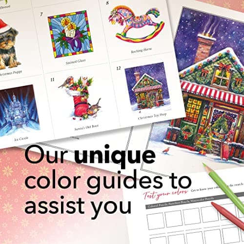 Castle Arts - Livre de coloriage Noël | Cartes, calendrier et scènes festives sélectionnés par nos artistes | Guide de référence des couleurs | Papier épais de qualité | Format paysage A4 à encadrer