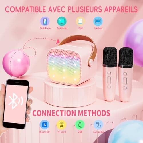 Ankuka Micro Karaoke Enfant sans Fil avec 2 Micro, Micro Karaoke Enfant, Cadeau Fille 4-12 Ans Anniversaire Jouet Fille, Mini Microphone pour Enfant Adulte Fille Rose