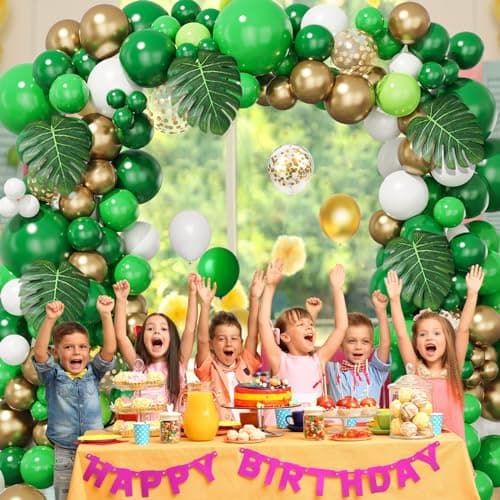 Kitchown 140 Pièces Jungle Forêt Ballons Vert Guirlande Tropical Jungle Decoration Palmier Confettis Latex Ballons Anniversaire Baby Shower Garçons Fille Safari Eté Hawaiian Party