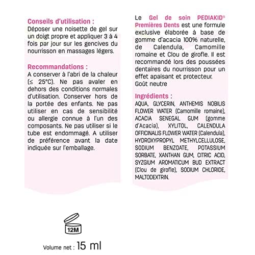 PEDIAKID | Gel de Soin Premières Dents | Apaise & Protège les Gencives | Actifs 100% d'Origine Naturelle aux extraits de Plantes: Calendula, Camomille Romaine & Clou de Girofle |Goût Neutre| Tube 15ml