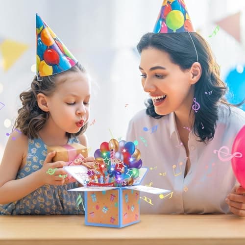 JIZZU Carte d'anniversaire Musicale, Pop-up 3D Carte Anniversaire avec Bougie à Souffler Music Lumière, Carte d'anniversaire pop-up 3D avec Enveloppe pour Femmes Hommes Filles Amis Mères
