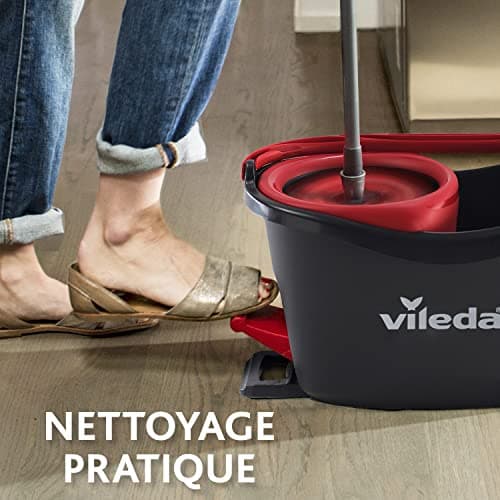 Vileda Turbo Balai avec Seau à pédale, Manche télescopique 85-130 cm, Balai à Franges avec essoreur Rotatif, Franges en Microfibres 2en1, Balai et Seau à pédale Gris
