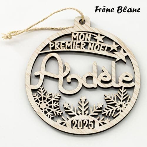 Boule de Noël Mon premier Noël, prénom et année personnalisable, Décoration en bois pour sapin, étui cadeau en option. Cadeau de Noël, naissance.