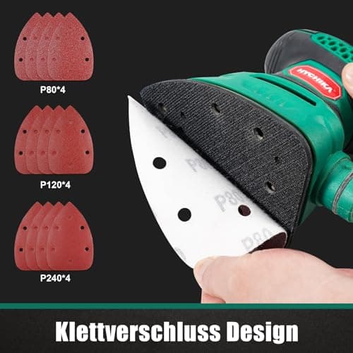 HYCHIKA Ponceuse Bois 140W, 13000 OPM Ponceuse avec dépoussiérage efficace, avec 12PCS papier de verre, idéal pour poncer le bois et enlever la rouille et la peinture