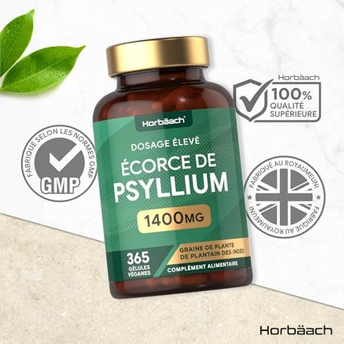 Psyllium Blond Gelules 1400 mg | 365 Psyllium Gelules Vegan | 6 Mois | Fibre de Psyllium Husk Haute Dosage | Prébiotique naturel | par Horbaach