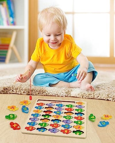 Coogam Magnetic Lettres numériques Jeu de pêche, Livres en Bois ABC Lettres numériques Montessori Jouets éducatifs 3 4 5 Ans Enfants
