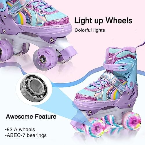 OLYSPM Patins à roulettes pour Enfants, 8 Roues Lumineuses et 4 Tailles réglables, Patins à Quatre Roues avec Sac de Rangement, Patins à roulettes à Double rangée pour Filles, garçons et débutants