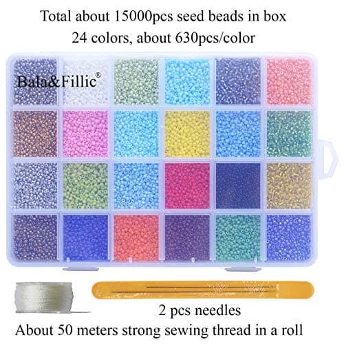 Bala&Fillic perles de rocaille en verre 11/0 perles de rocaille 24 couleurs environ 15600 pièces dans une boîte pour la fabrication de bijoux