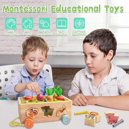 Achiyway Jouet Bebe 1 an, Jeux Enfant 1 2 3 Ans Garcon Fille 8 in 1 Jouet en Bois Montessori with Jeu de Peche, Reconnaître Animaux Légumes Formes, Cadeau Enfant (Voiture des Animaux)
